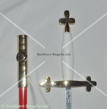 Sword - Cross Shaped Hilt White Grip & Red Scabbard - 900mm - Click Image to Close